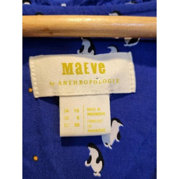 Maeve Anthropologie Blue Penguin Long Sleeve Button Up Top Ruffles Sz 6 Novelty - Picture 5 of 7